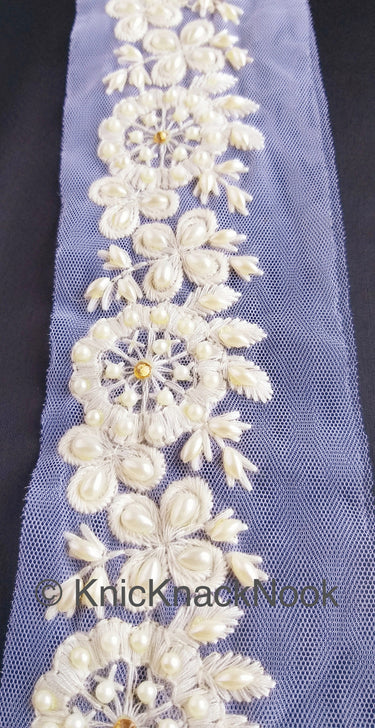 White Pearl And Rhinestones Beads Net Lace Trim, Floral Trim, One Yard